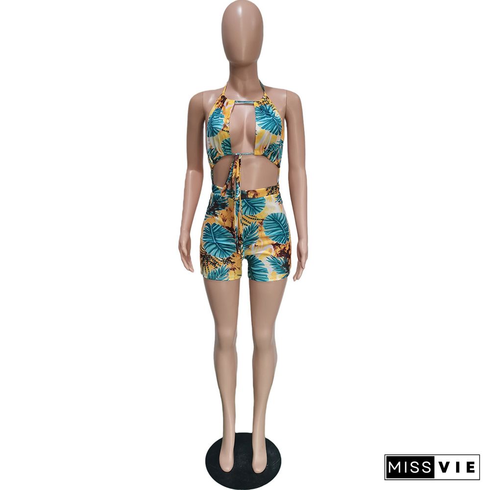 Leaves Print Bandage Backless Hollow Beach Rompers