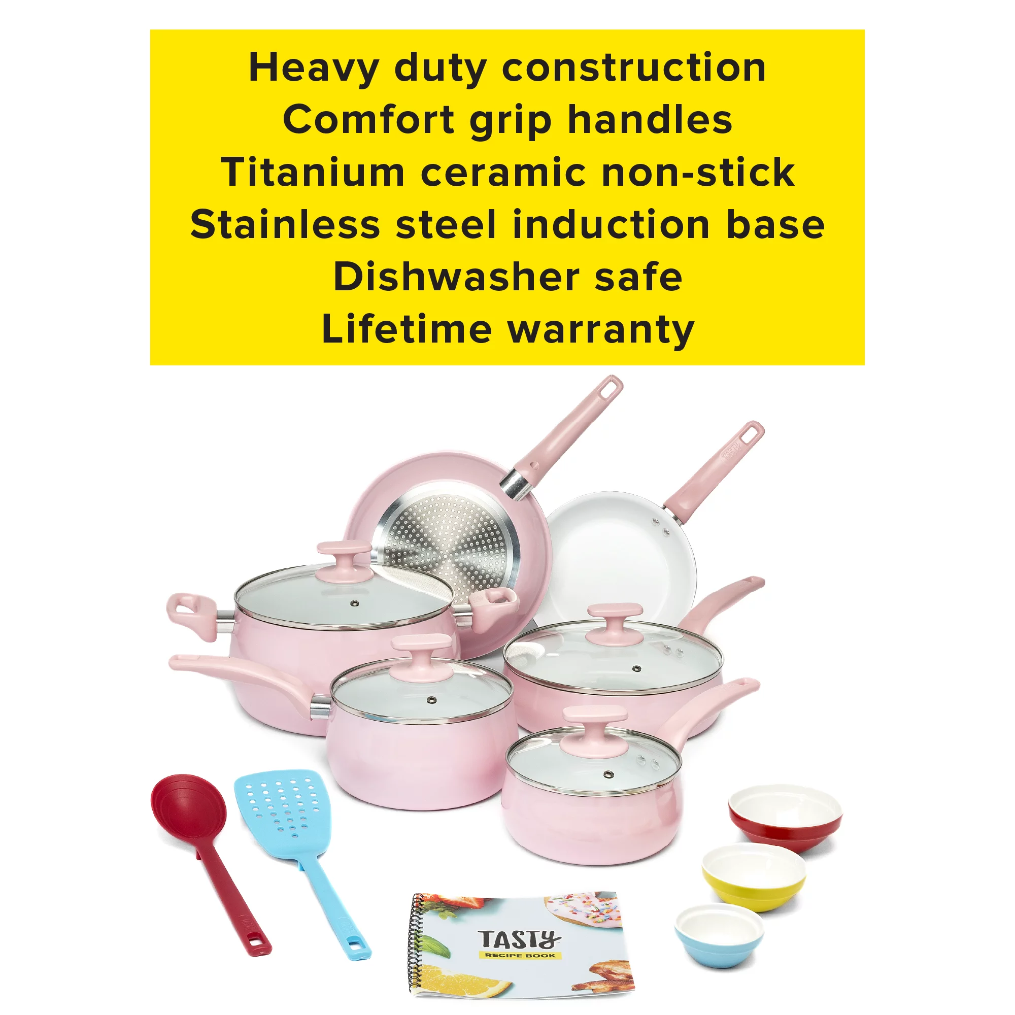 Tasty Ceramic Titanium-Reinforced Cookware Set， Pink， 16 Piece