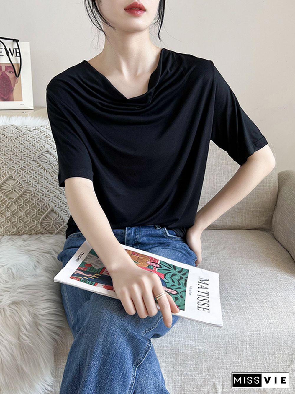 Short Sleeves Pleated Solid Color Heaps Collar T-Shirts Tops