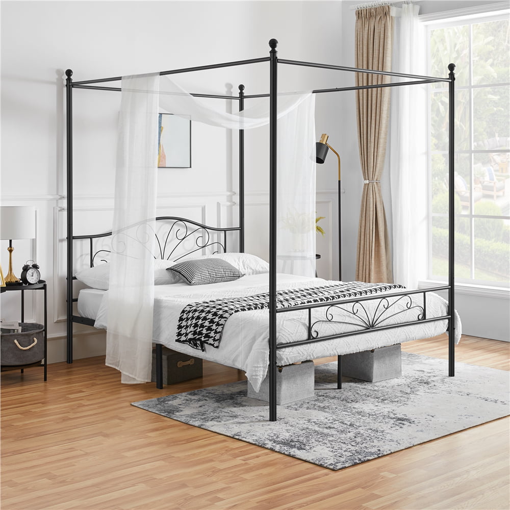 Easyfashion Four-Poster Canopied Platform Bed, Black, Full