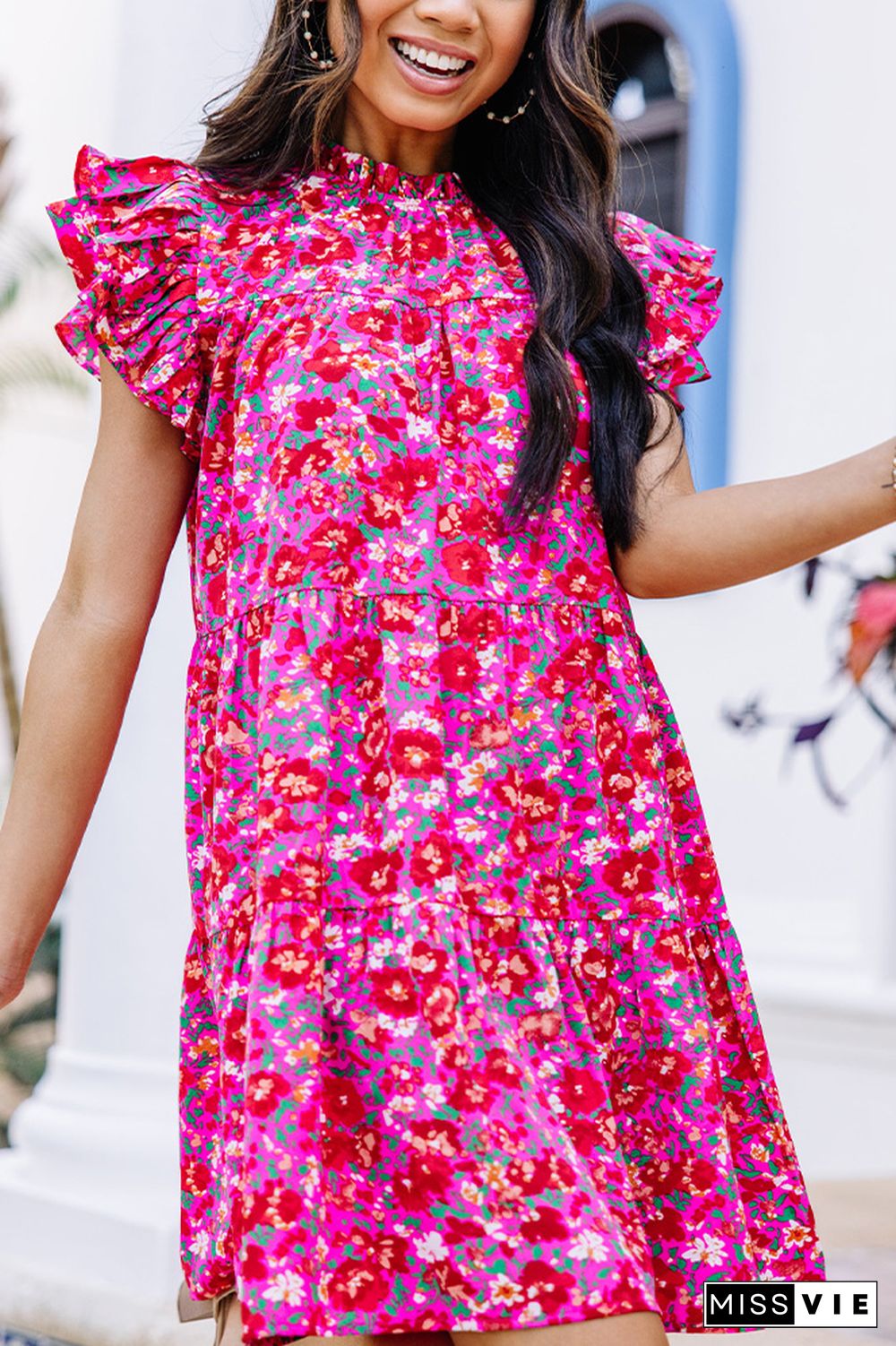 Rosy Floral Print Ruffle Tiered Dress