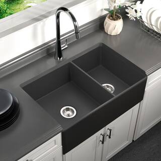 HOUZER Black Fireclay 33 in. Double Bowl 6040 Farmhouse Apron Front Kitchen Sink PTD-6040 BL