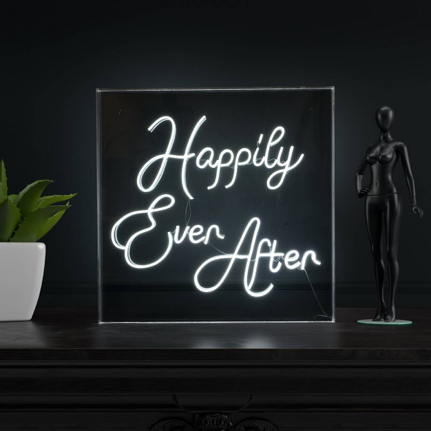 Happily Ever After Square Contemporary Glam Acrylic Box Usb Operated Led Neon Light White Jonathan Y