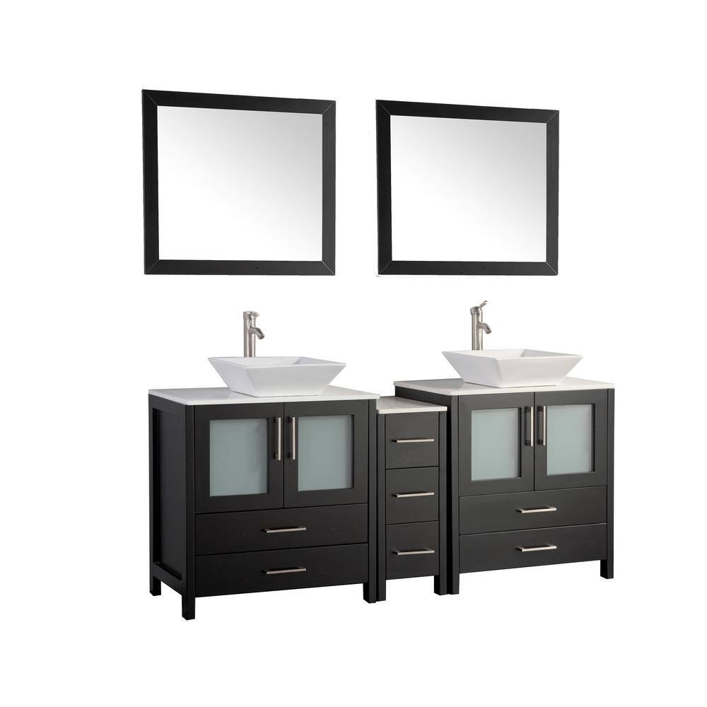 Vanity Art Ravenna 72 in. W Bathroom Vanity in Espresso with Double Basin in White Engineered Marble Top and Mirrors VA3130-72E