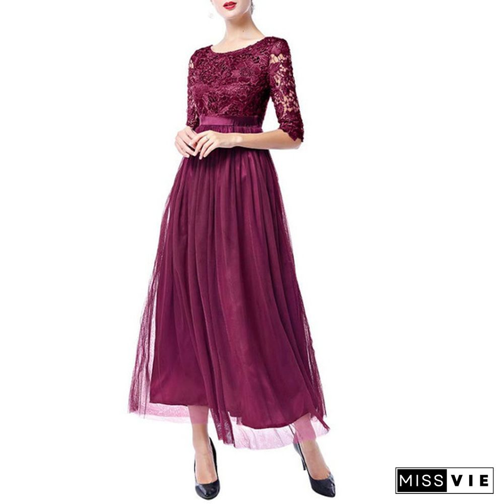 Women's Vintage Floral Lace 3/4 Sleeves Floor Length Retro Evening Cocktail Formal Bridesmaid Gown Long Maxi Dress