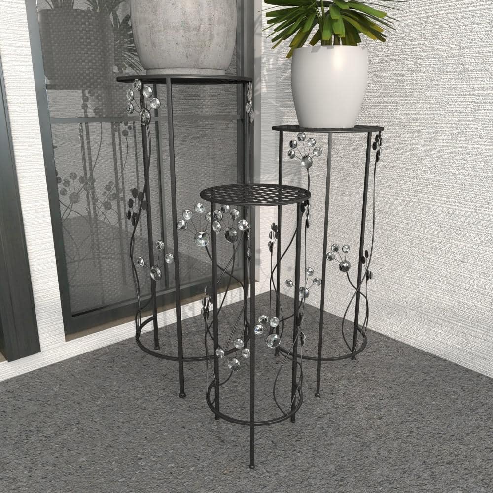 Litton Lane 28 in. Black Cylinder Metal Floral Crystal Plantstand with 3-Tiers 63345