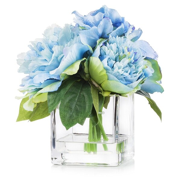 Enova Home Mixed Artificial Silk Roses Peony and Hydrangea Fake Flowers Arrangement in Cube Glass Vase with Faux Water