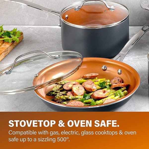 12 Piece Cookware Set， Non-Stick Copper Coating， Includes Skillets， Frying Pans and Stock Pots， Dishwasher and Oven Safe