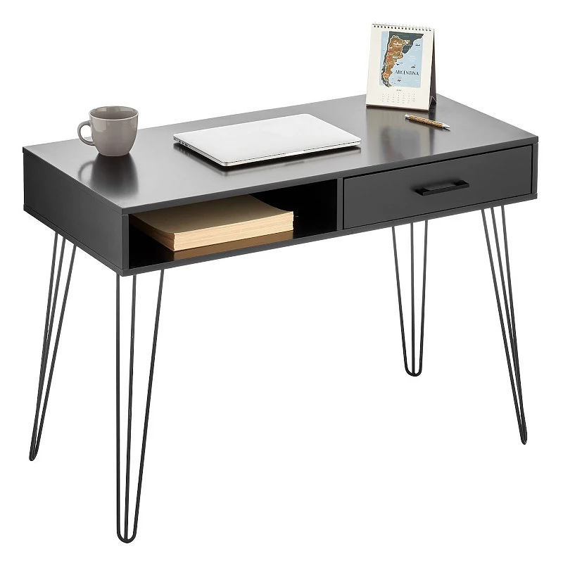 mDesign Metal/Wood Home Office Desk with Drawer， Hairpin Legs