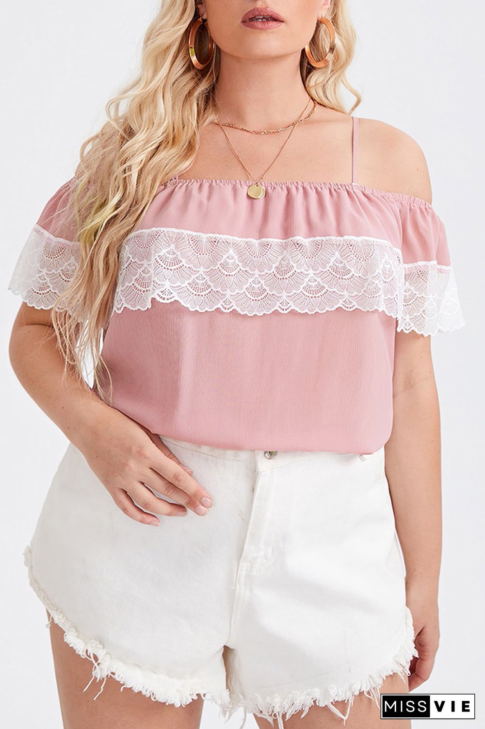 Pink Off Shoulder Lace Patchwork Plus Size Short Sleeves Top