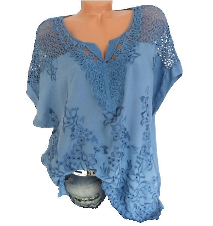 European And American Fashion Women's Lace V-neck Embroidered Short-sleeved Bat Shirt Blue 2xl  3xl