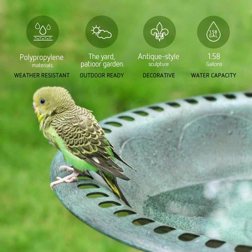 VIVOSUN 28 in. H Polyresin Lightweight Antique Garden BirdBath with Planter Base in Green X0026JT2LR