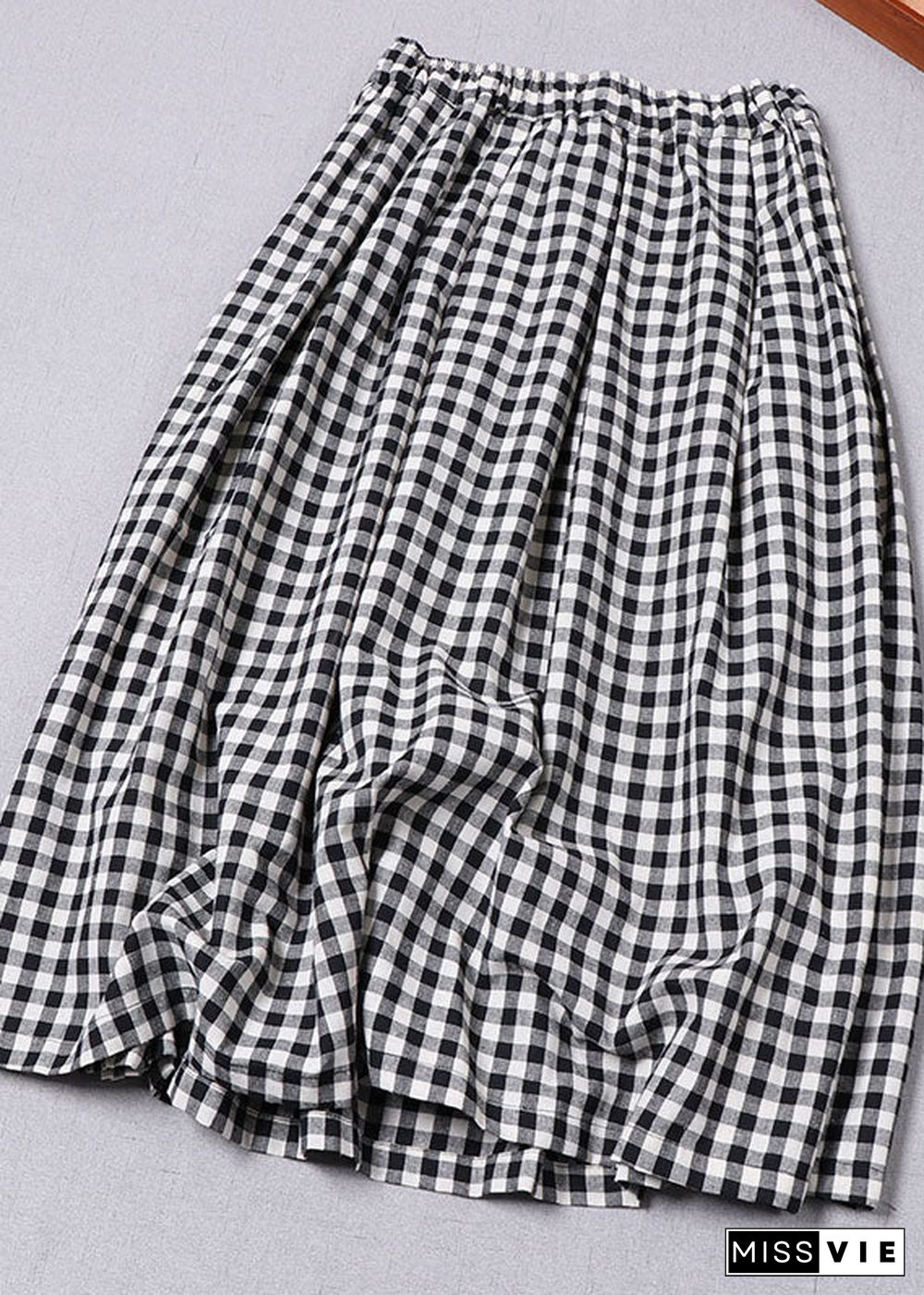 Plus Size Black Grey Plaid Cinched Pockets a line skirts Spring