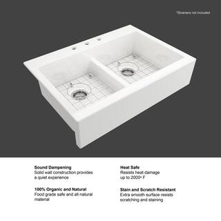 Glacier Bay Farmhouse Apron-Front Fireclay 34 in. 3-Hole Double Bowl Kitchen Sink in White with Bottom Grid 3ABRB-01-001