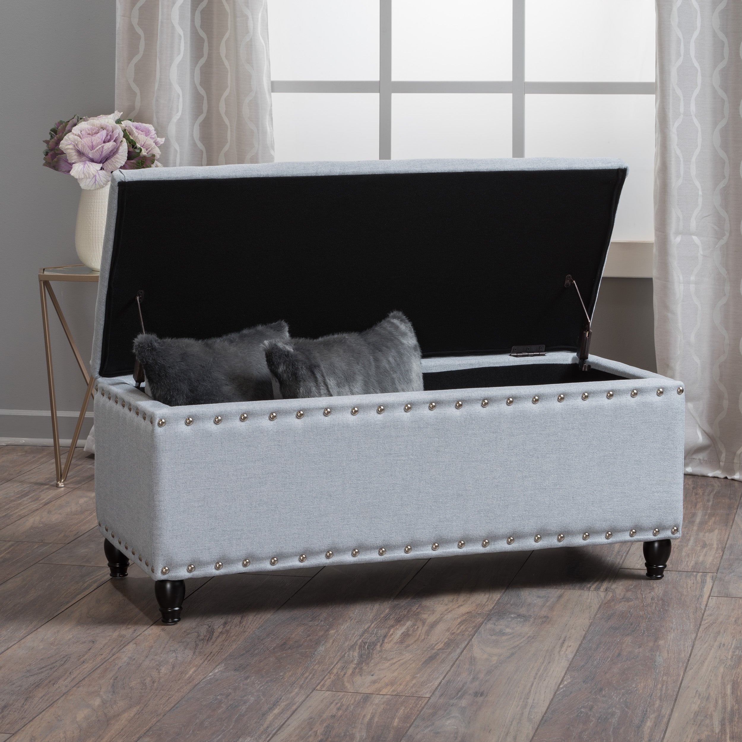 Tatiana Contemporary Fabric Storage Ottoman with Nailhead Trim