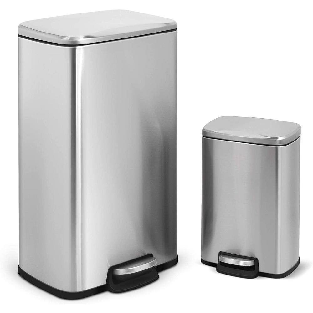 Innovaze 8 Gal30-Liter and 1.3 Gal5-Liter Fingerprint Free Stainless Steel Kitchen  Bathroom Rectangular Step-on Trash Can Set MGCS-AS1907