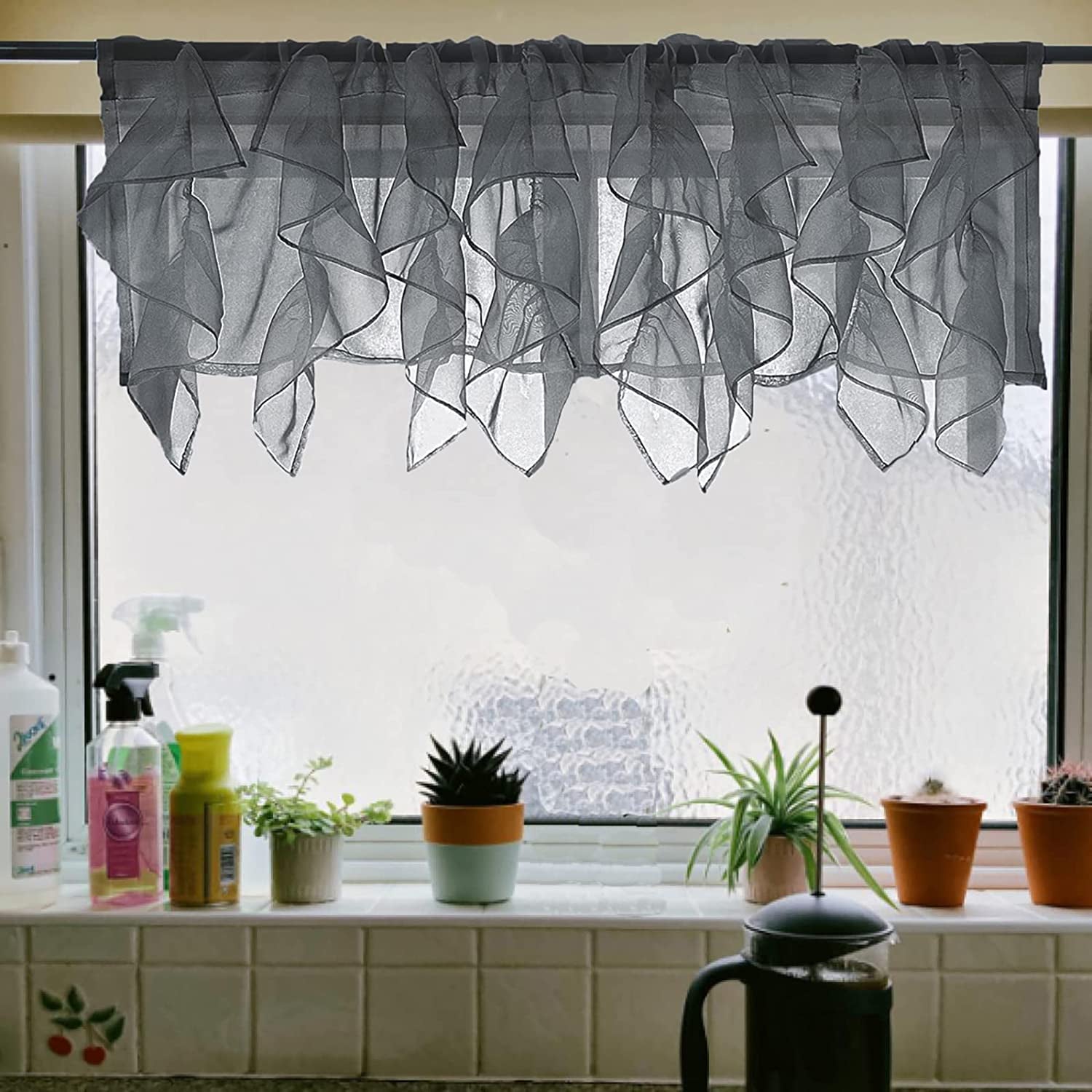 PearAge Ruffled Voile Semi Sheer,Window Curtain Valance Treatment for Kitchen, 50W x 16L Grey 1PC