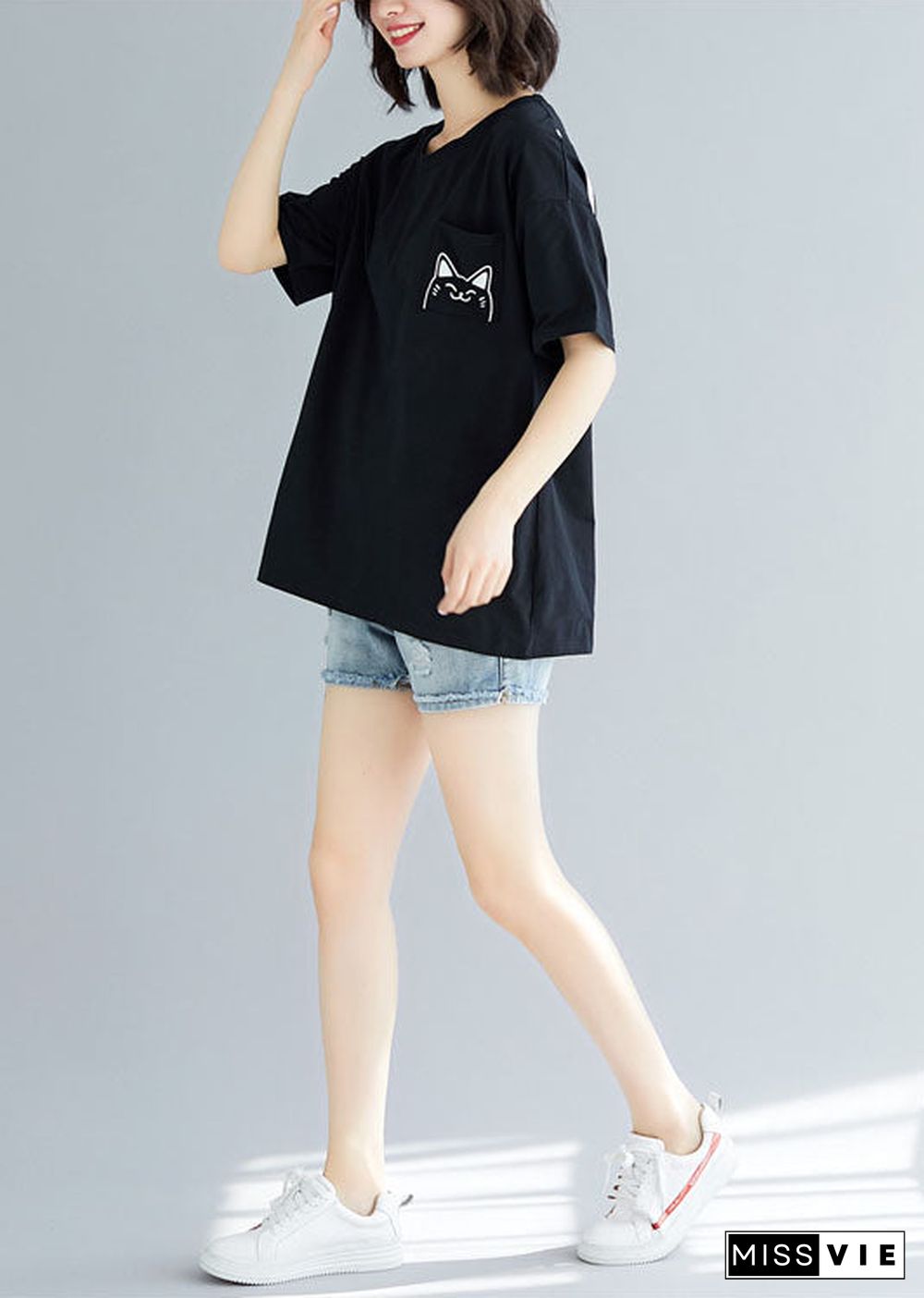 Diy Black O Neck Cartoon Print Cotton T Shirt Tops Short Sleeve