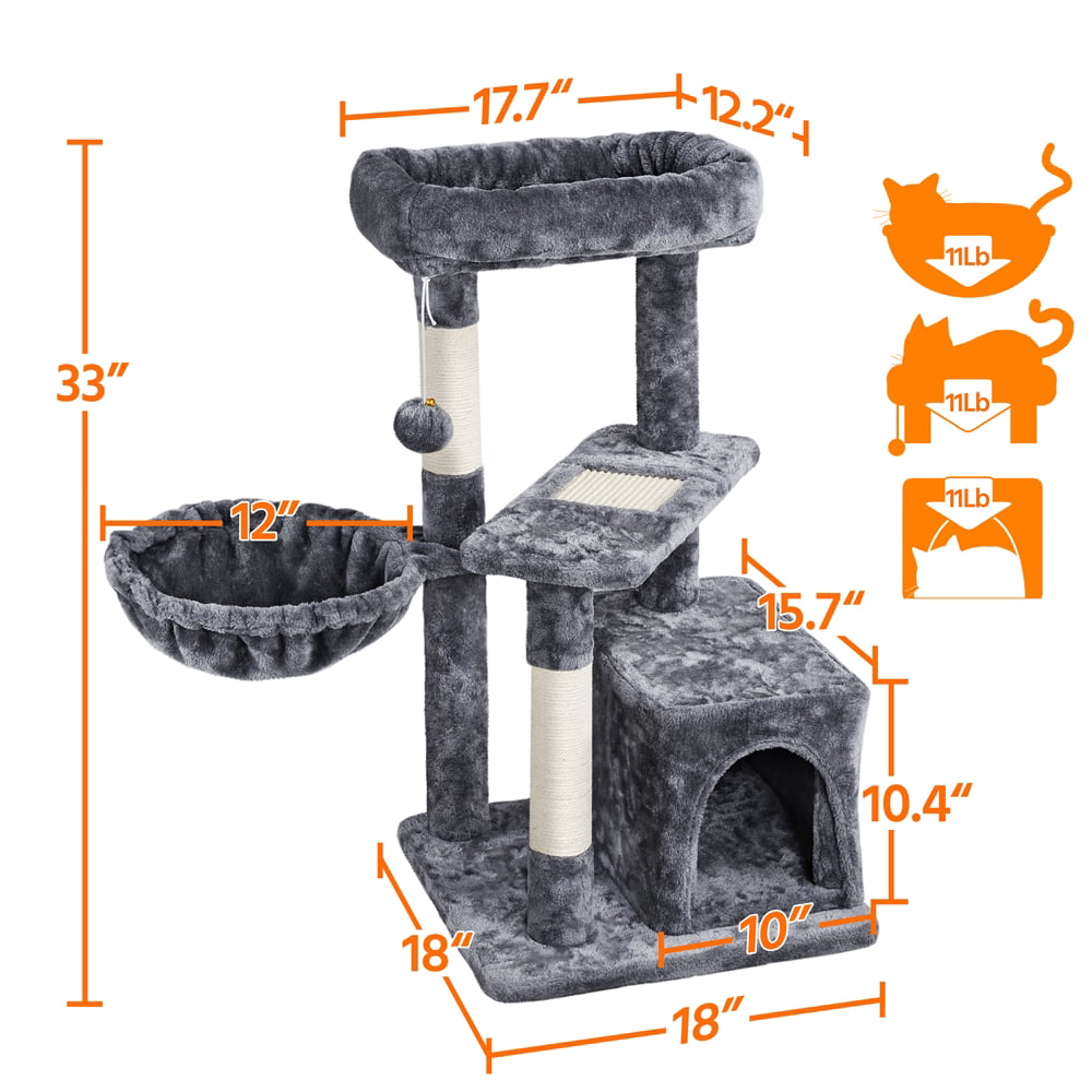 Topeakmart 33'' Cat Tree Condo Scratching Post Tower with Basket Sisal Ropes Posts， Dark Gray