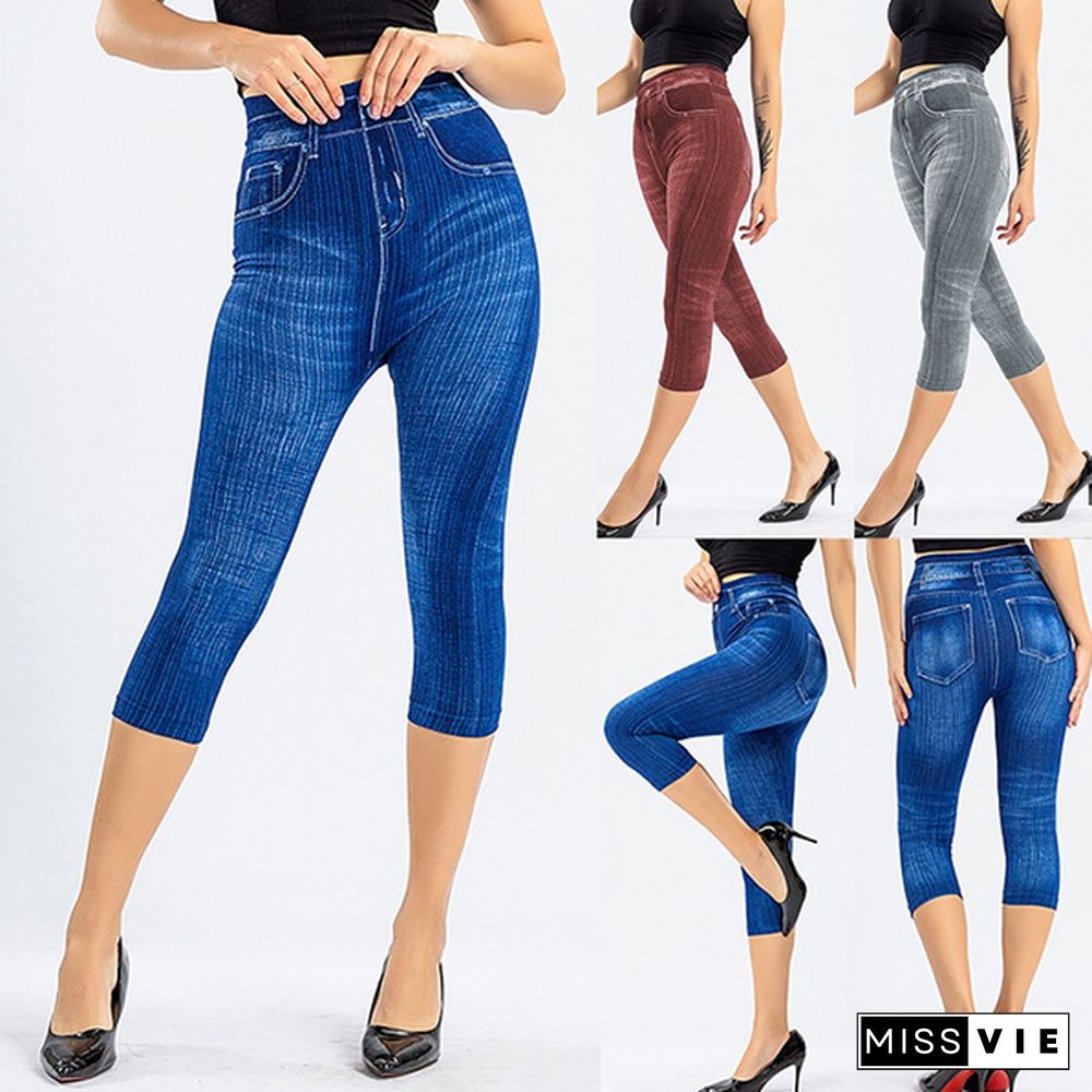 New Womens Skinny Jeans High Waist Slim Short Leggings Denim Stretchy Jeggings Seamless Yoga Pants