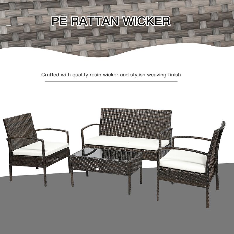 Outsunny Patio Porch Furniture Sets 4 PCS Rattan Wicker Chair w/ Table Conversation Set for YardPool or Backyard Indoor/Outdoor Use  Cream White