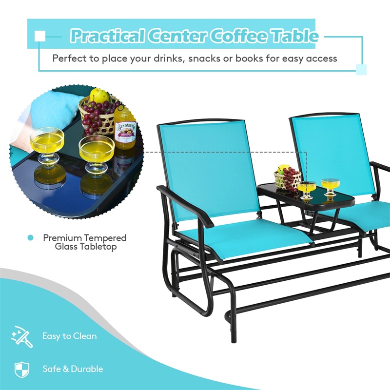 Outdoor 2-Person Rocking Loveseat Patio Bench Glider Chair with Center Tempered Glass Table