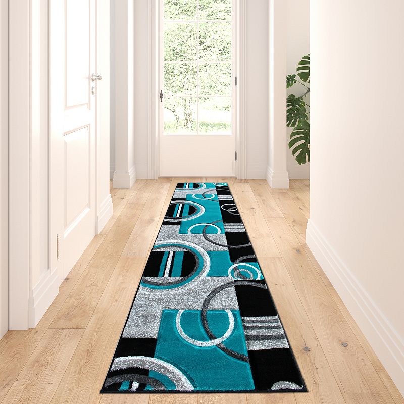 Masada Rugs Masada Rugs Sophia Collection 2'x7' Hand Sculpted Modern Contemporary Area Rug in Turquoise， Gray， White and Black