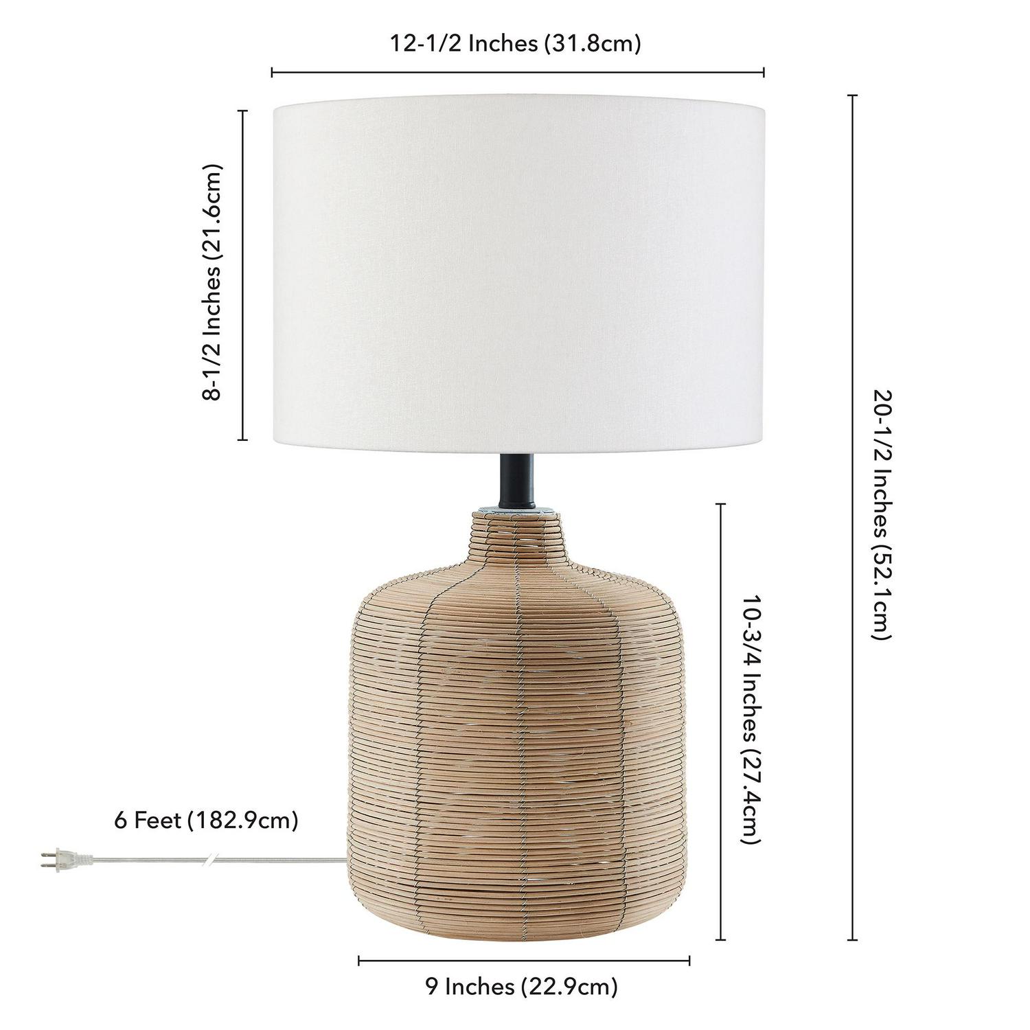 Modern Petite Rattan Table Lamp with Blackened Steel Accents