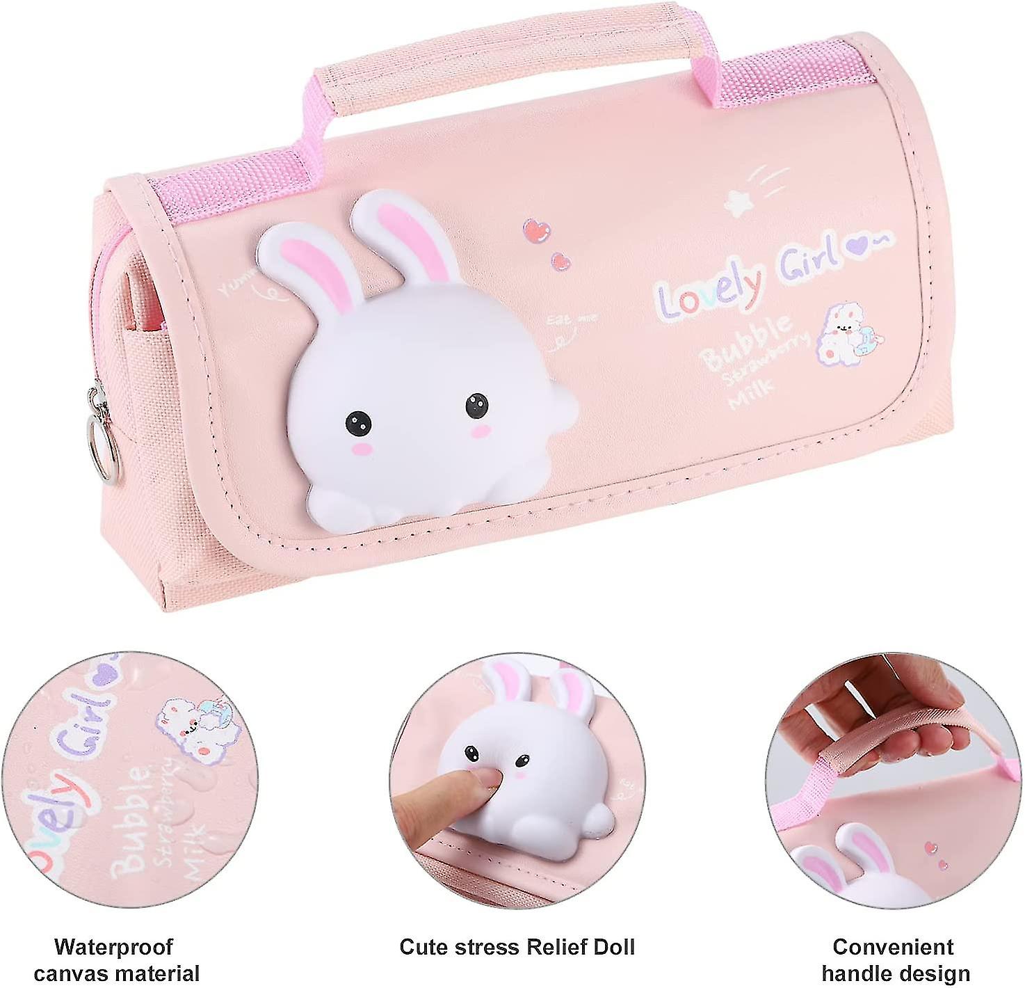 Veeki Pink Large Pencil Bag With Handle Kawaii Pencil Case For Girls With Decompression Doll Portable Large Pen Storage Bag For School