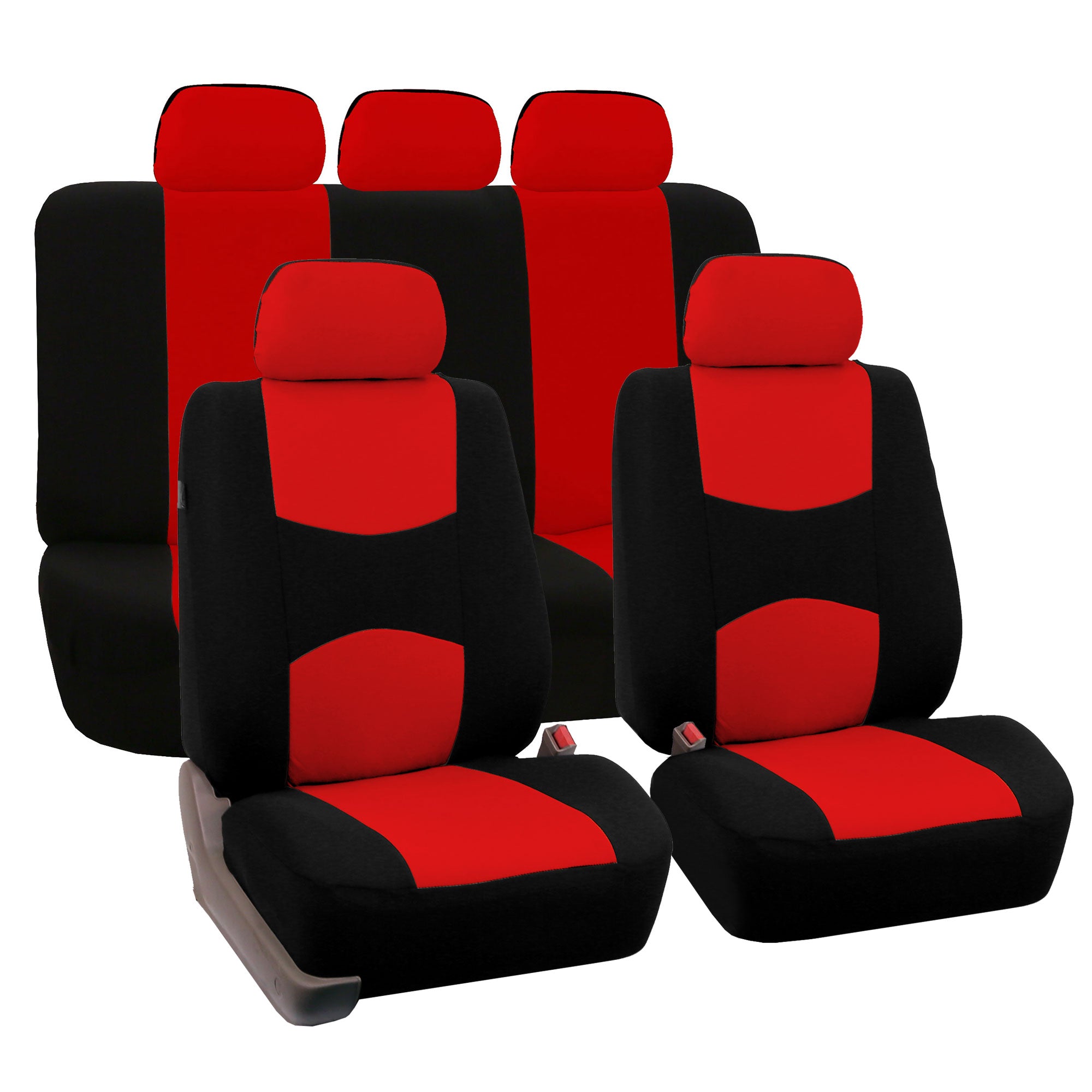 FH Group Universal Flat Cloth Fabric Car Seat Cover， 5 Headrests Full Set， Red and Black