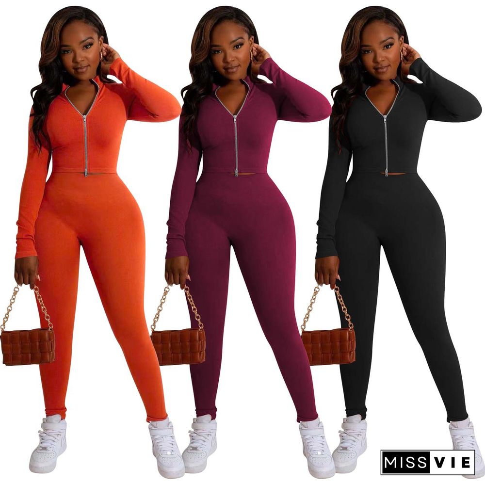 Solid Color Double Zip Top and Pants Two Piece Set