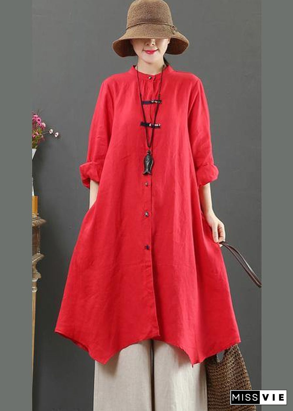 Unique Stand Collar Asymmetric Spring Clothes Pattern Red Blouse