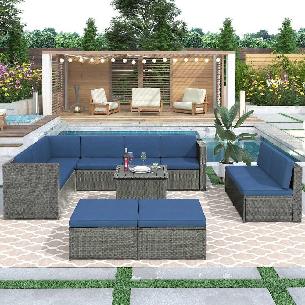 9 Piece Rattan Sectional Seating Group with Cushions and Ottoman