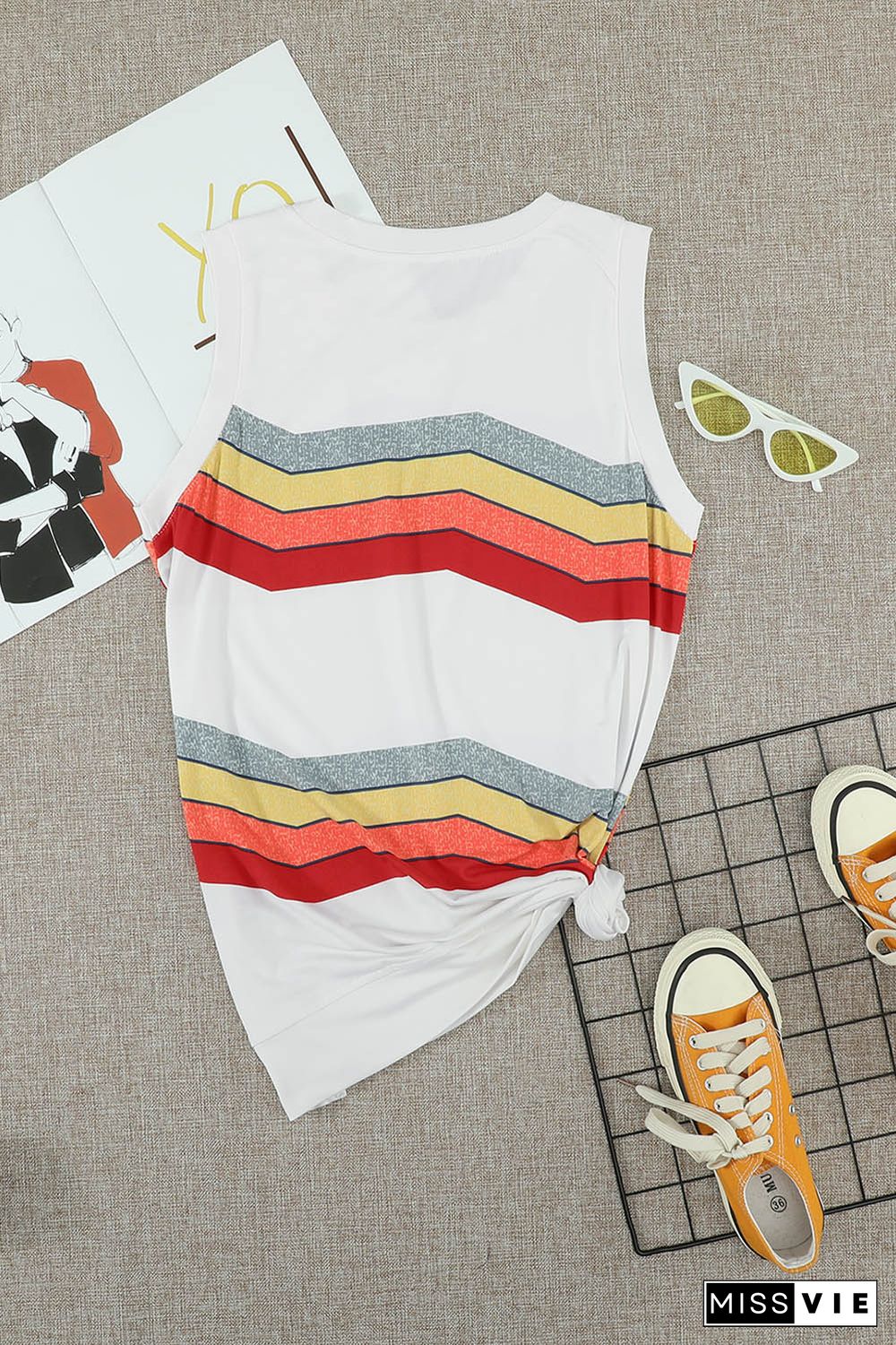 White Crew Neck Colorblock Stripes Tank Top