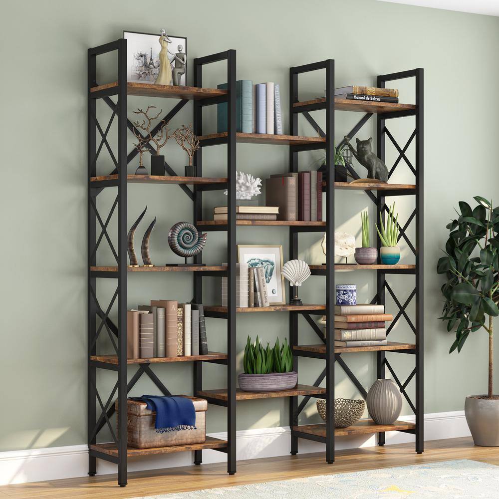 Tribesigns Earlimart 69 in. Vintage Brown Wood Triple Wide 5-Tier Bookcase 14-Shelves Tagere Large Open Bookshelf TJHD-HOGA-C0457