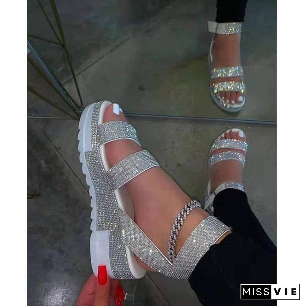 Summer Sandals Fashion Rhinestone Women's Shoes Open Toe Low Heel Outdoor Sandals Plus Size 43