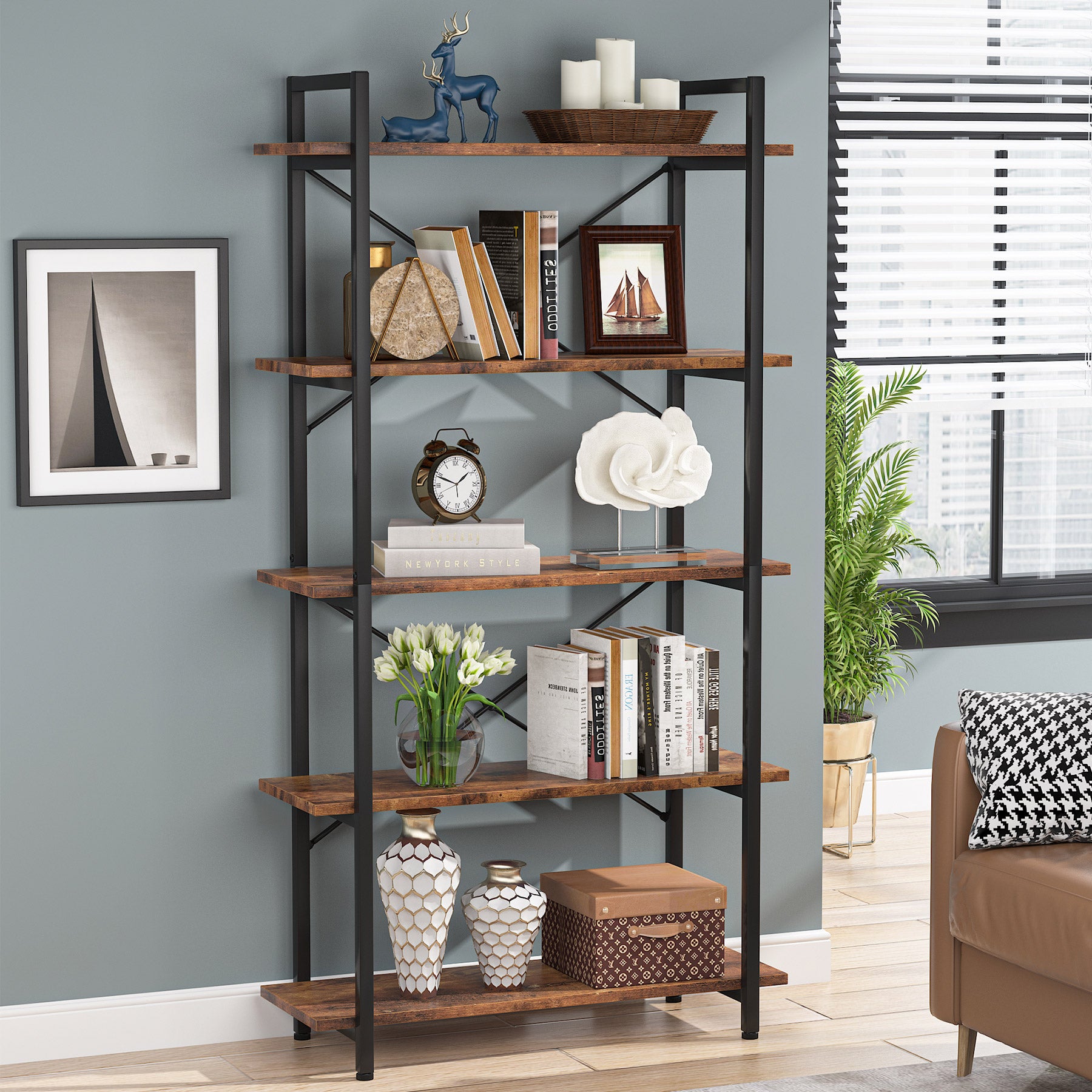 5-Tier Bookshelf, Industrial Etagere Bookcase Display Shelf Unit