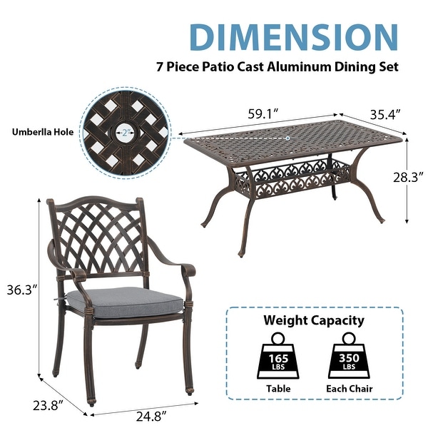 Aluminum 9Piece Outdoor Rectangular Dining Set with Cushions and Umbrella hole