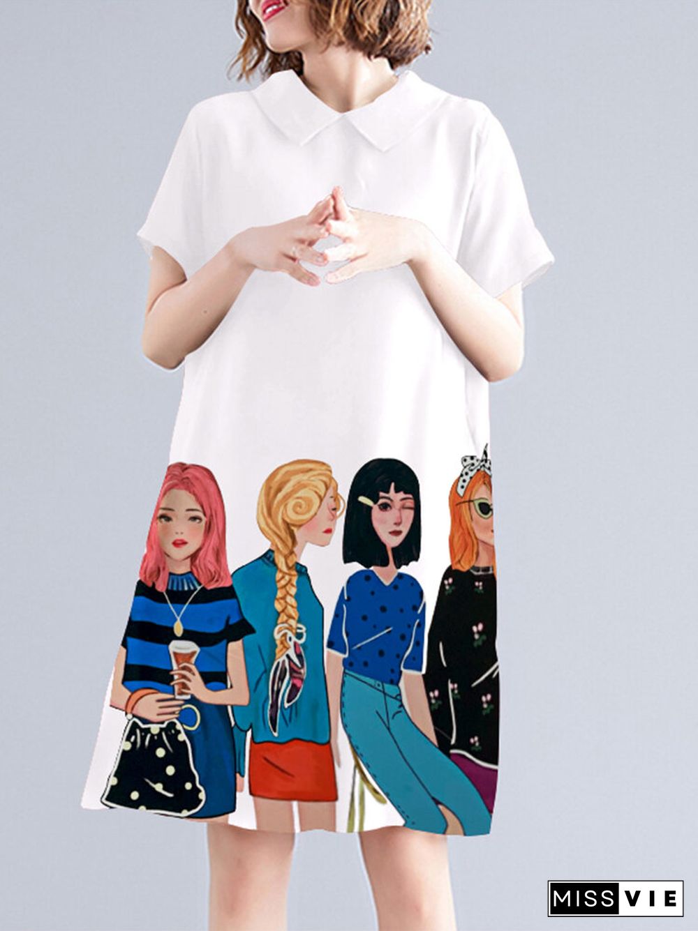 Character Print Pocket Doll Collar Short Sleeve Casual Midi Dress