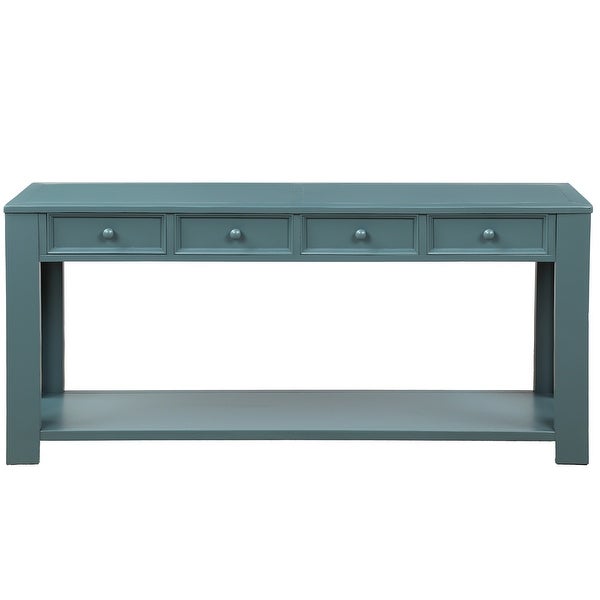 Rustic Console Table with 2 Storage Drawers and Exquisite Retro Knob， Sofa Table with Bottom Storage Shelf， Retro Blue