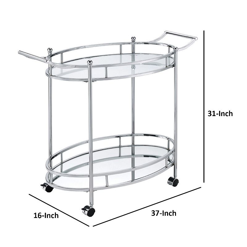 Serving Cart with Tubular Frame and 2 Tier Glass Shelves， Chrome