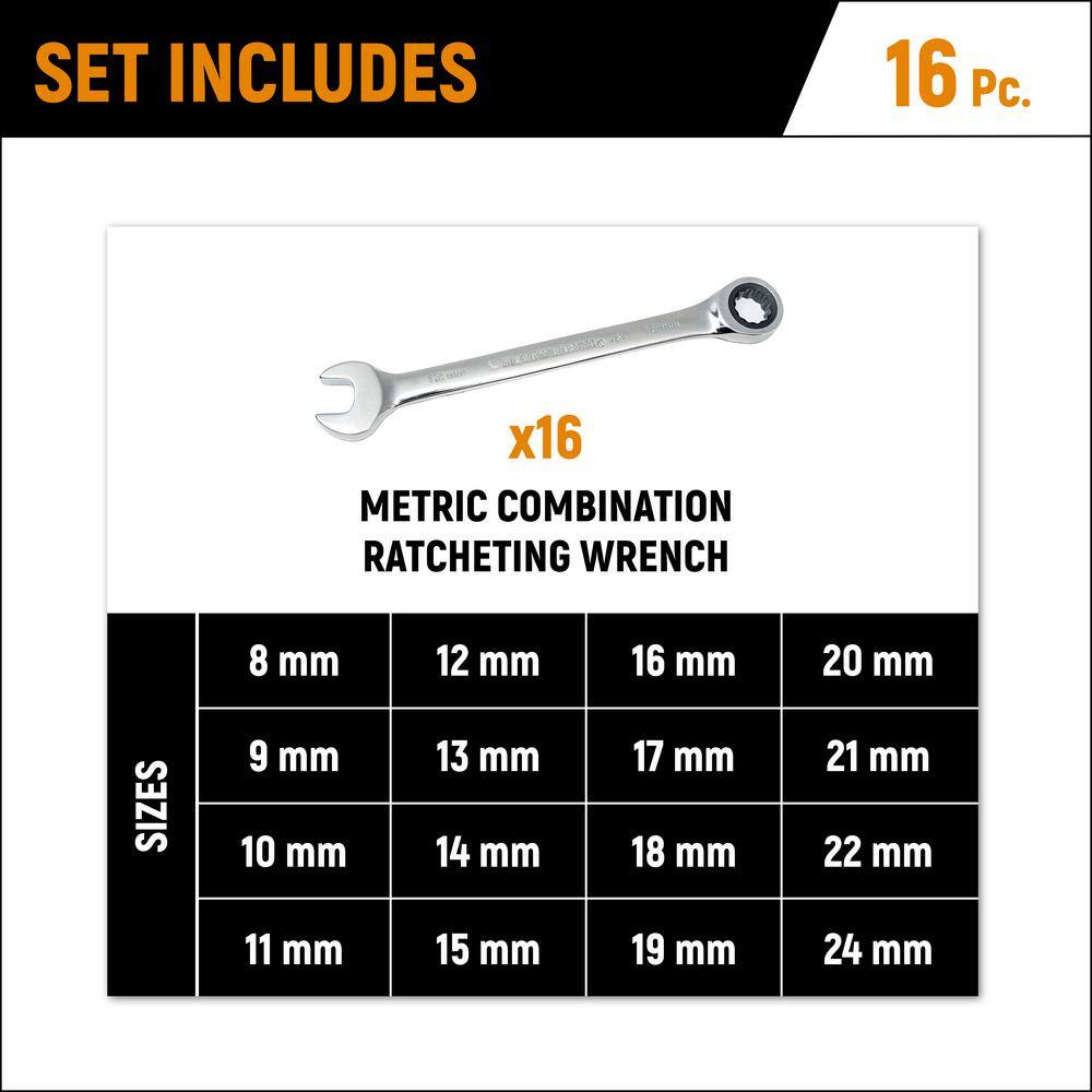 GEARWRENCH Metric 72-Tooth Combination Ratcheting Wrench Tool Set (16-Piece) 9416