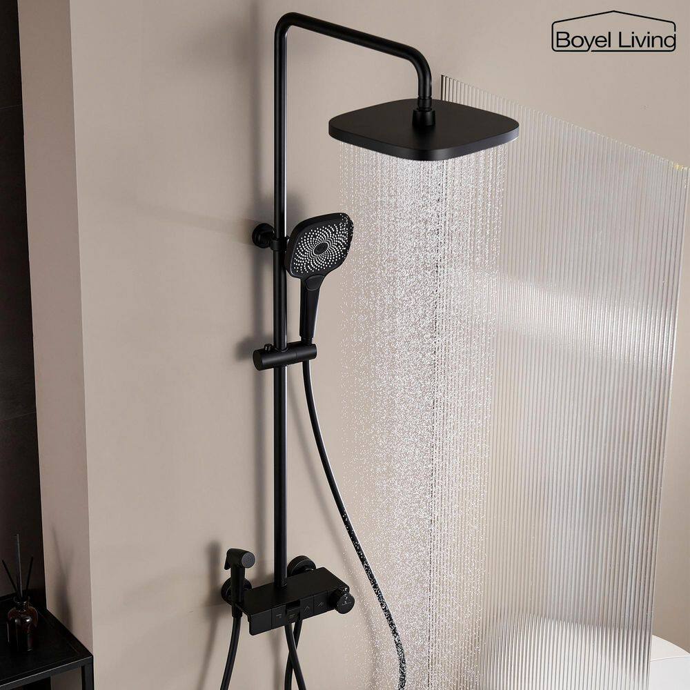 Boyel Living 3-Spray Patterns with 2.5 GPM 10 in. Wall Mount Dual Shower Heads with Thermostatic Valve and Tub Spout in Matte Black BL-H4002-MB