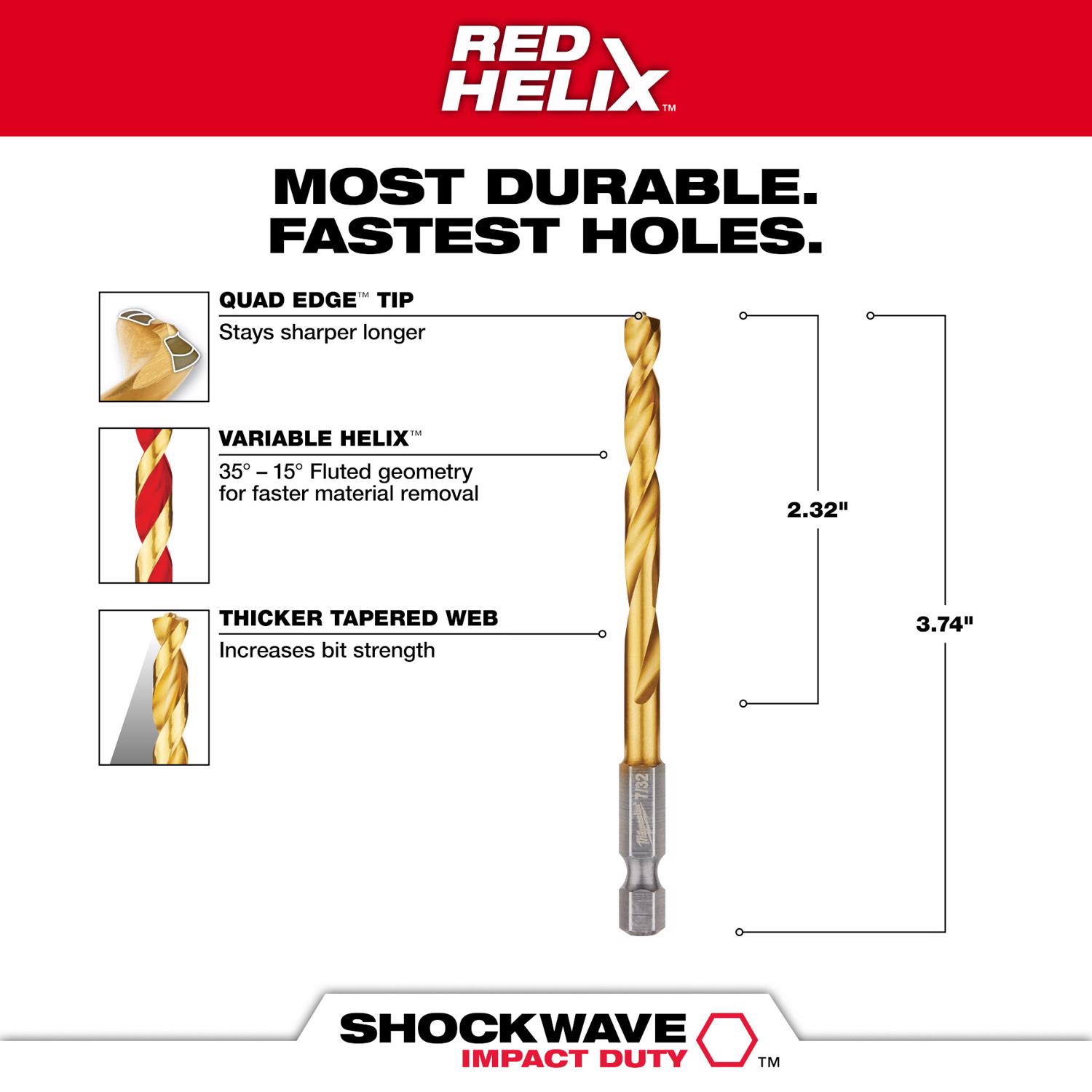 MW Shockwave 15/64 in. X 4-1/8 in. L Titanium Red Helix Drill Bit 1 pc