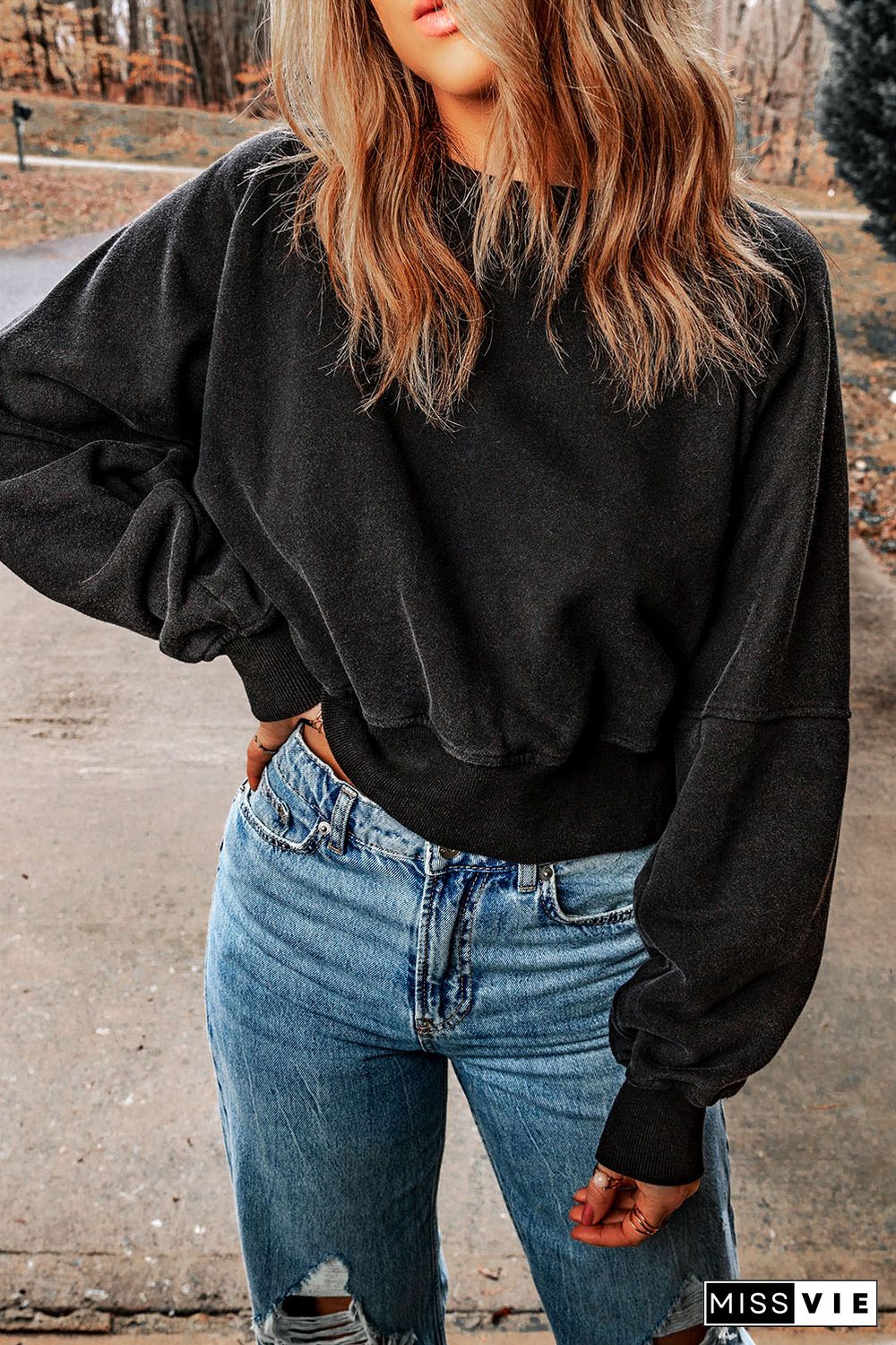 Black Acid Wash V-shape Open Back Sweatshirt