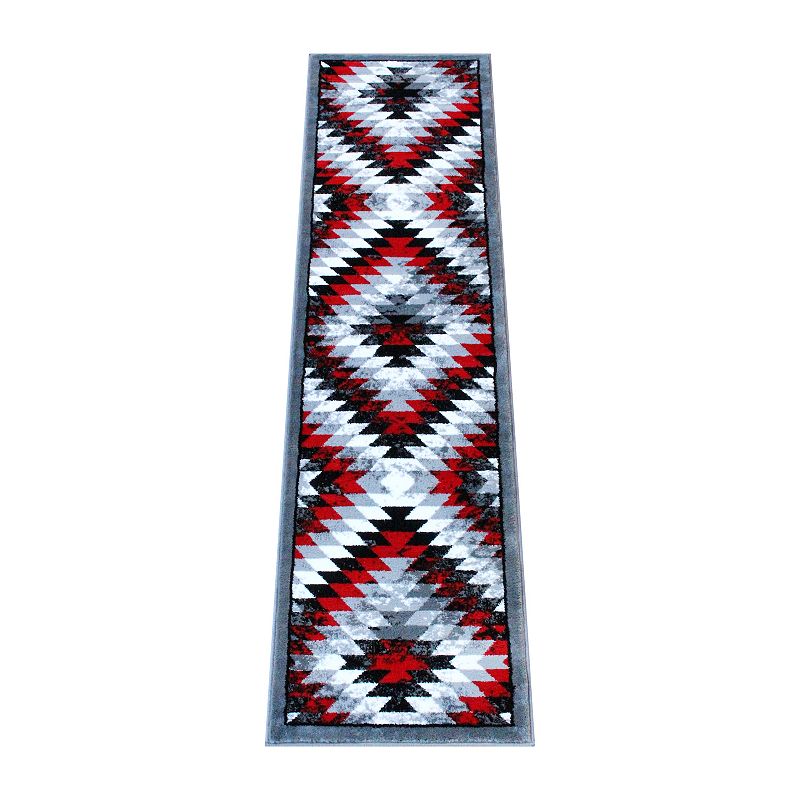 Masada Rugs Masada Rugs Stephanie Collection 2'x7' Area Rug Runner with Distressed Southwest Native American Design 1106 in Red， Gray， Black and White