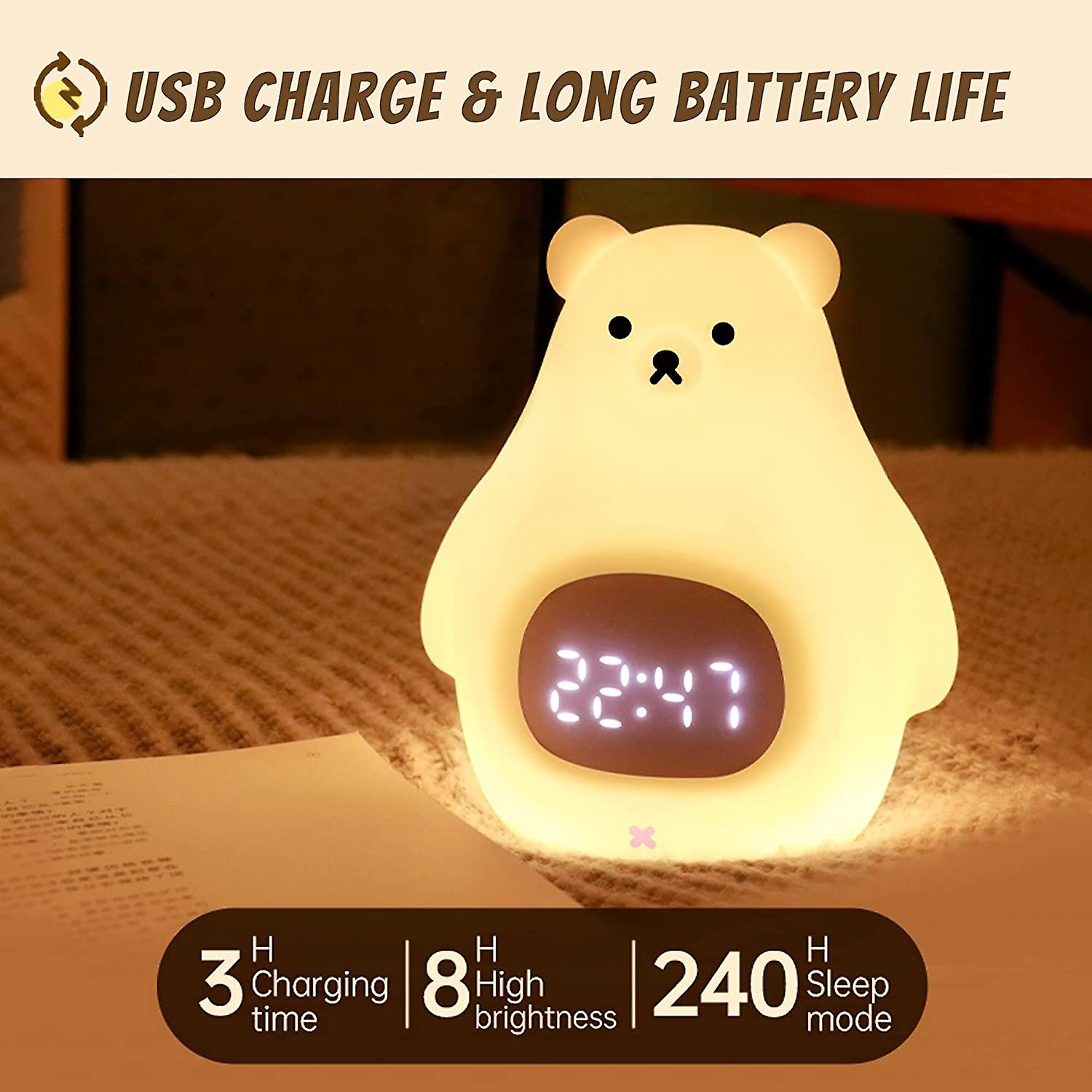 Bear Night Light， Cute Kids Alarm Clock， Soft Bpa-free Silicone Portable Nursery Lamp， Children Usb Rechargeable Nightlight For Girls Boys Toddler Bir