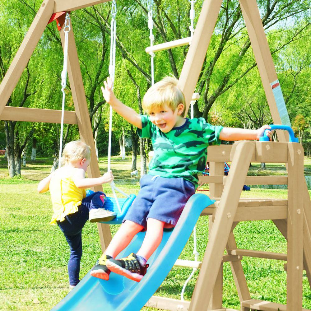 TIRAMISUBEST Outdoor Wooden Swing Set with Slide for Toddlers SWXY000062AAP