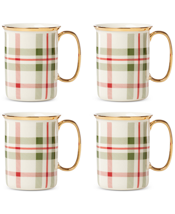 Lenox Holiday Plaid Gold-Trimmed Porcelain Mugs Set Of 4