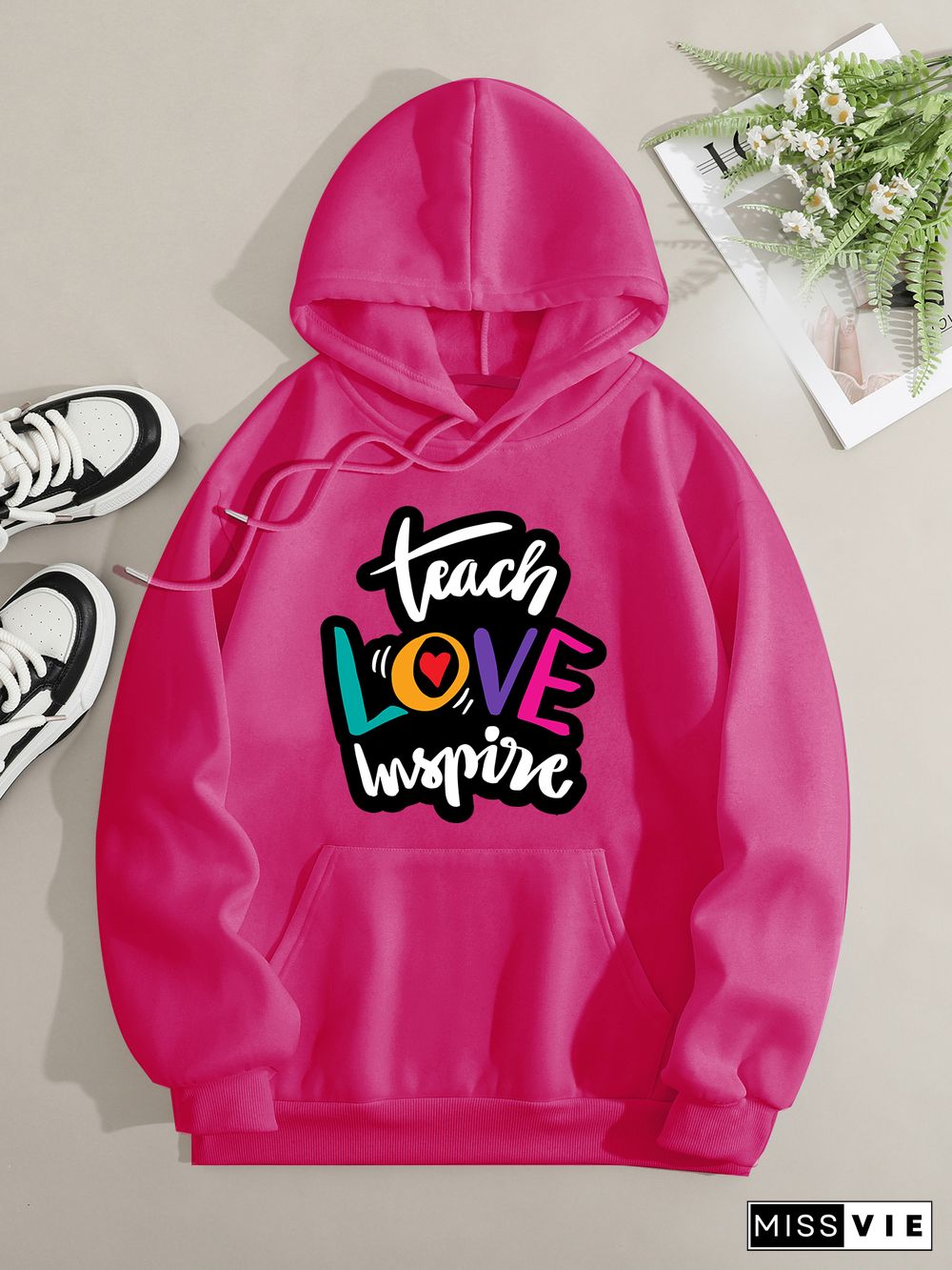 Printed on front Kangaroo Pocket Hoodie Long Sleeve for Women Pattern Teacher love imspure